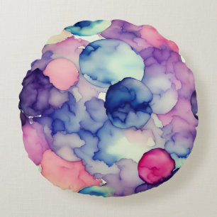 Coussins Ronds Fusion de peinture aquarelle rose bleu violet 