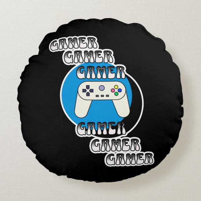 Coussins Ronds Gamer bleu et noir | Contrôleur vidéo (Devant)