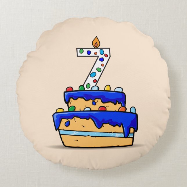 Coussins Ronds Garçon 7e anniversaire, 7 sur Gâteau bleu doux (Devant)