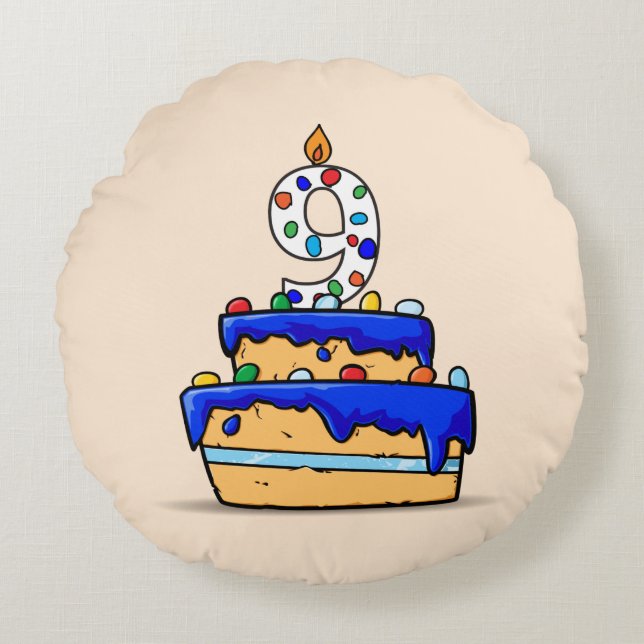 Coussins Ronds Garçon 9e anniversaire, 9 sur Gâteau bleu doux (Devant)