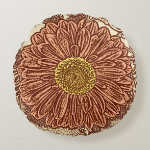 Coussins Ronds Gerbera Daisy Block Imprimer, Chocolat Brown et Ta