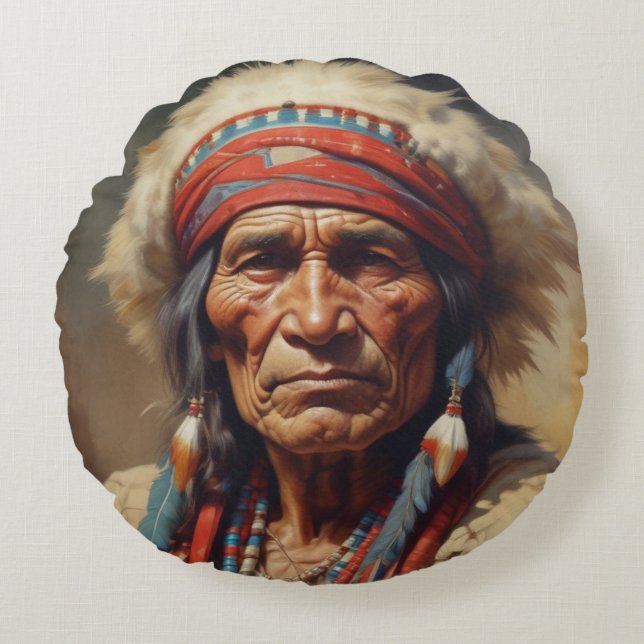 Coussins Ronds Geronimo Portrait du chef guerrier indien (Devant)