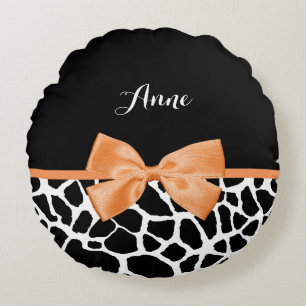 Coussins Ronds Girl Giraffe Imprimer Orange Ribbon Bow Nom
