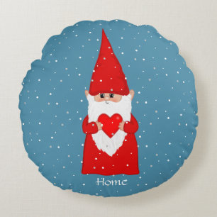 Coussins Ronds Gnome heureux & cœur sur bleu saphir