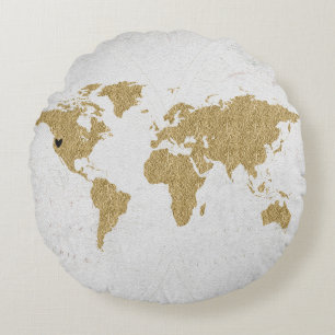 Coussins Ronds Gold Foil World Map Custom Moveable Heart Location