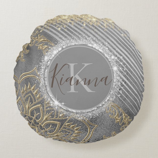 Coussins Ronds Gold Glittery Lotus Mandala sur le monogramme SIlv (Devant)