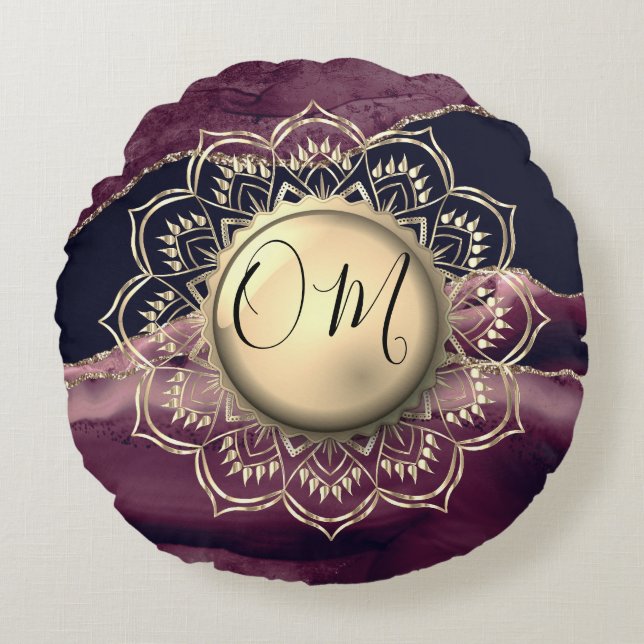 Coussins Ronds Gold Lotus OM Mandala Purple Agate (Devant)
