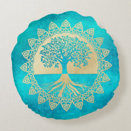 Coussins Ronds Gold Tree of Life sur Turquoise
