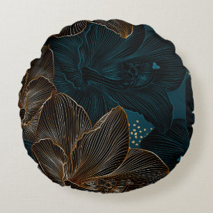 Coussins Ronds Golden Amaryllis : Vintage Floral de luxe.