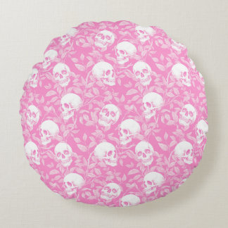 Coussins Ronds Gothique rose punk féminine crânes et feuillage Ha