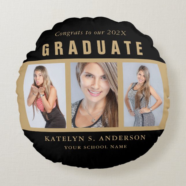Coussins Ronds Graduation Noire et Or Photo Collage personnalisé (Devant)