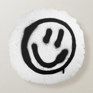 Coussins Ronds graffiti visage souriant émoticon en noir sur blan