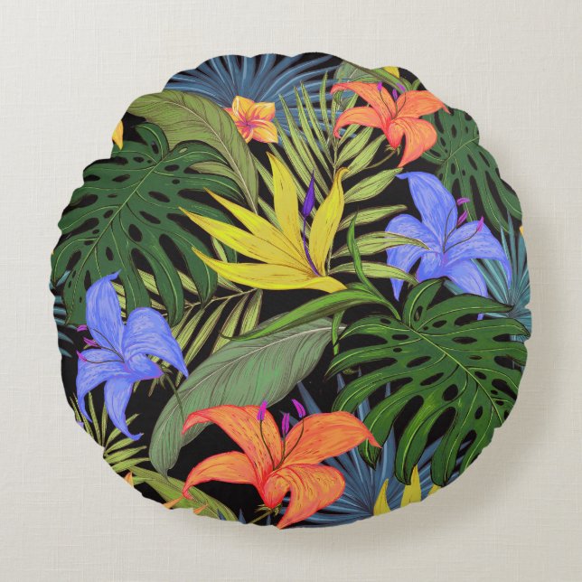 Coussins Ronds Graphique de fleur d'Aloha de Hawaii tropical (Devant)