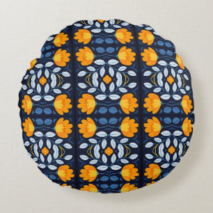 Coussins Ronds Gras Retro Floral Illustration en orange et bleu