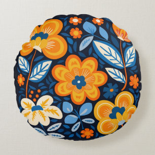 Coussins Ronds Gras Retro Floral Illustration en orange et bleu