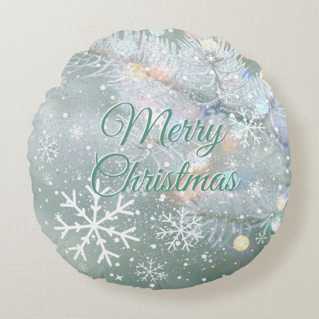 Coussins Ronds Green Merry Christmas Snowflakes (Devant)