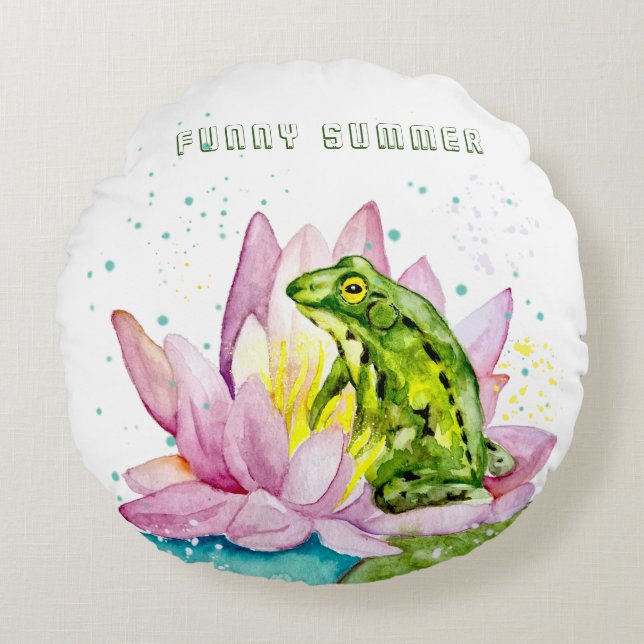 Coussins Ronds Grenouille drôle sur un lotus (Devant)