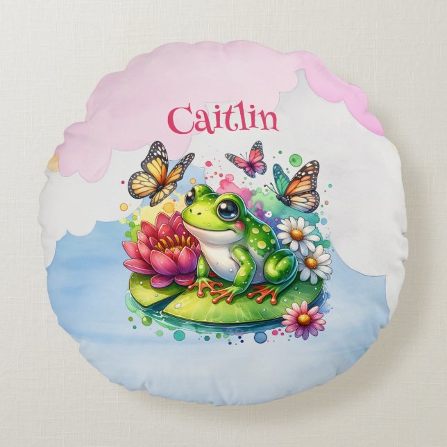 Coussins Ronds Grenouille personnalisée, fleurs et papillons bébé (Devant)