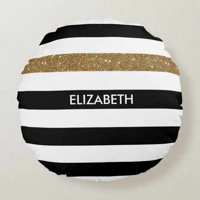 Coussins Ronds Grilles noires modernes FAUX Gold Glitz et nom (Devant)