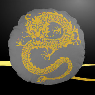 Coussins Ronds Gris, Or & Noir, Dragon chinois Zodiac  