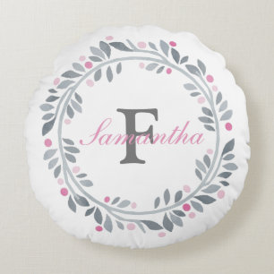 Coussins Ronds Gris Rose Floral Double Monogram Élégant 