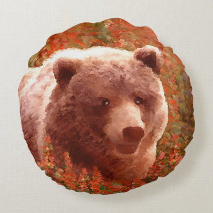 Coussins Ronds Grizzly Bear Cub dans Fireweed Peinture Art de la