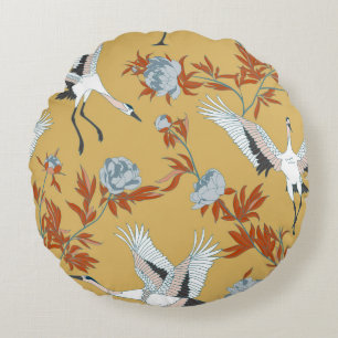 Coussins Ronds Grues japonaises, pivoine, paillettes motif