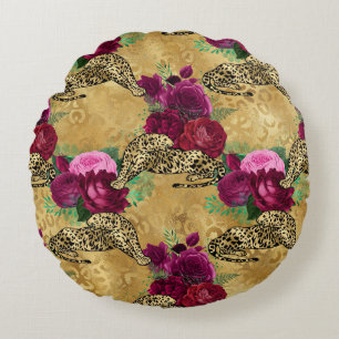 Coussins Ronds Guépard Léopard Rose Rouge Floral Fleur Motif