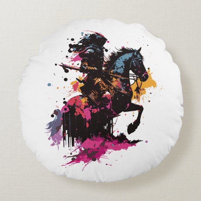 Coussins Ronds Guerrier équitation dans l'aquarelle ronde (Devant)