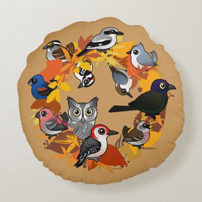 Coussins Ronds Guirlande d'automne des oiseaux nord-américains (Dos)