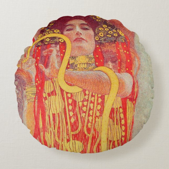 Coussins Ronds Gustav Klimt Red Woman Gold Snake Peinture (Devant)