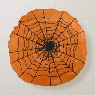 Coussins Ronds Halloween araignées Web avec araignée sur orange