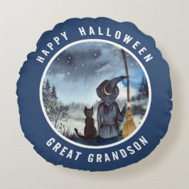 Coussins Ronds Halloween Chat noir et la Sorcière étoile nuit