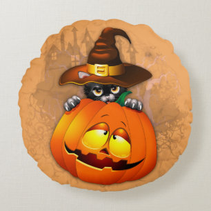 Coussins Ronds Halloween Cute Kitty Witch et ami Citrouille