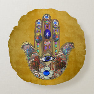 Coussins Ronds Hamsa Cœurs Fleurs Opale Art sur Or
