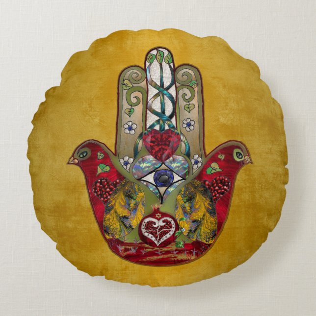 Coussins Ronds Hamsa Rouge Oiseau Cœur Grenade Rubis (Devant)
