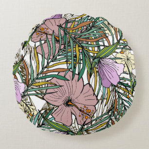 Coussins Ronds Hand Drawn Seamless Background With Palm Leaves An