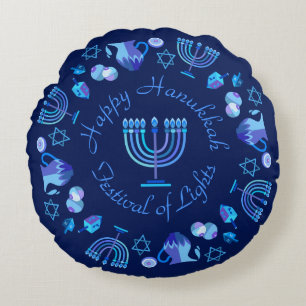 Coussins Ronds Hanukkiah Happy Hanoukka Jewish Holiday Menorah