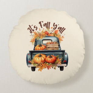 Coussins Ronds Happy Fall Y'all - Camion rustique avec Citrouille
