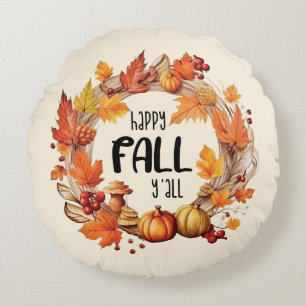 Coussins Ronds Happy Fall Y'all - Citrouille & Autumn Leaves Wrea