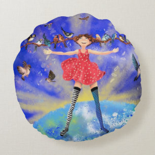Coussins Ronds Happy Girl with birds