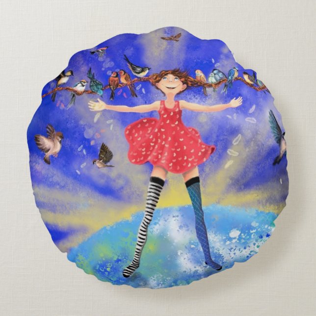 Coussins Ronds Happy Girl with birds (Dos)