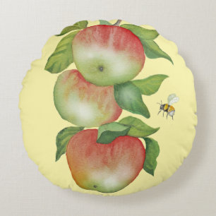 Coussins Ronds Harmonie douce : Pommes aquarelles et une abeille