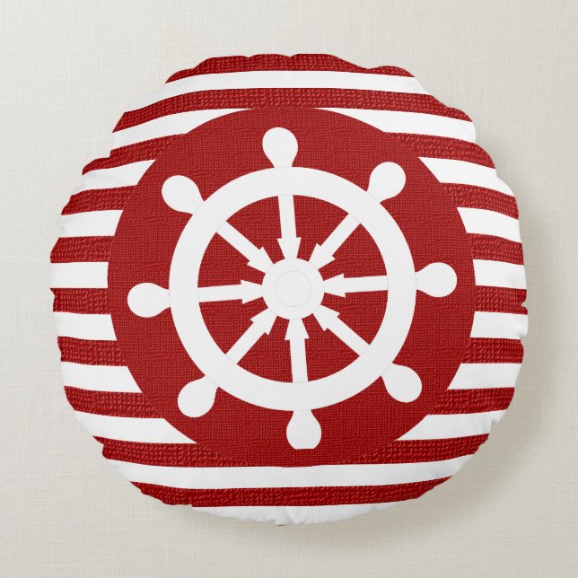 Coussins Ronds Helen Nautique sur Burlap White & Dark Red Stripes (Devant)