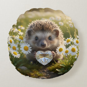 Coussins Ronds Hérisson mignon d'avril avec cœur de diamant