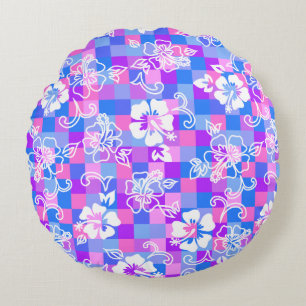 Coussins Ronds Hibiscus à carreaux floral hawaïen