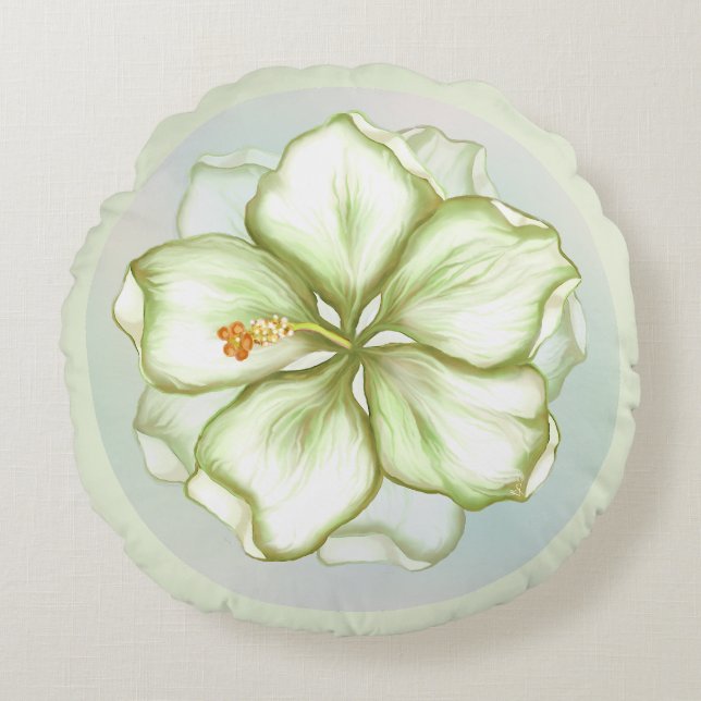Coussins Ronds Hibiscus & dentelle BLANC (Devant)