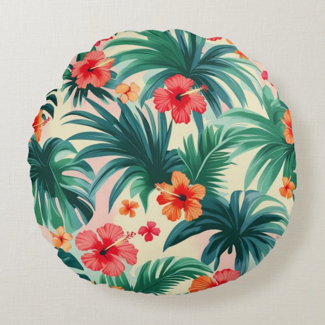 Coussins Ronds Hibiscus et Palm Feuille Motif (Devant)