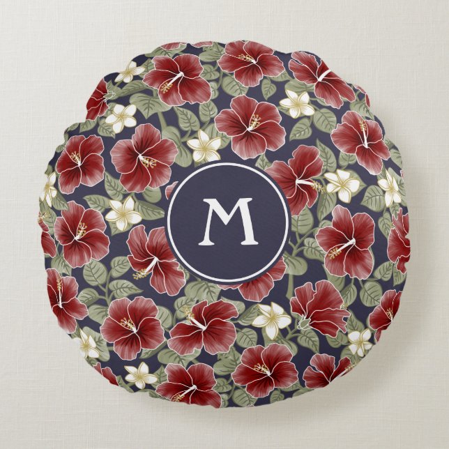 Coussins Ronds Hibiscus et Plumeria - Maroon (Devant)