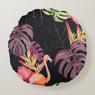 Coussins Ronds Hibiscus, Flamants roses, Aquarelle Motif tropical